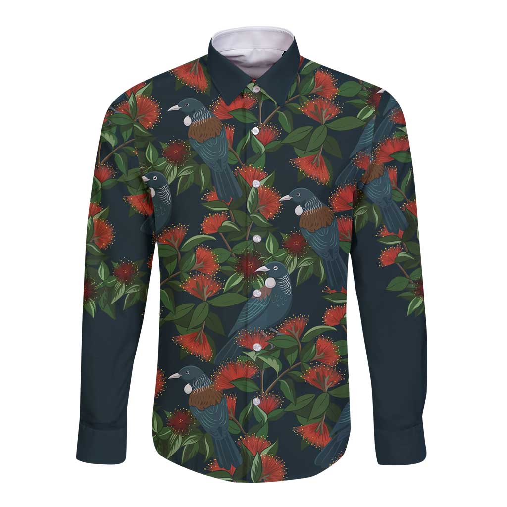 New Zealand Christmas Long Sleeve Button Shirt Romantic Tui Birds on Pohutukawa - Cobalt - Polynesian Pride