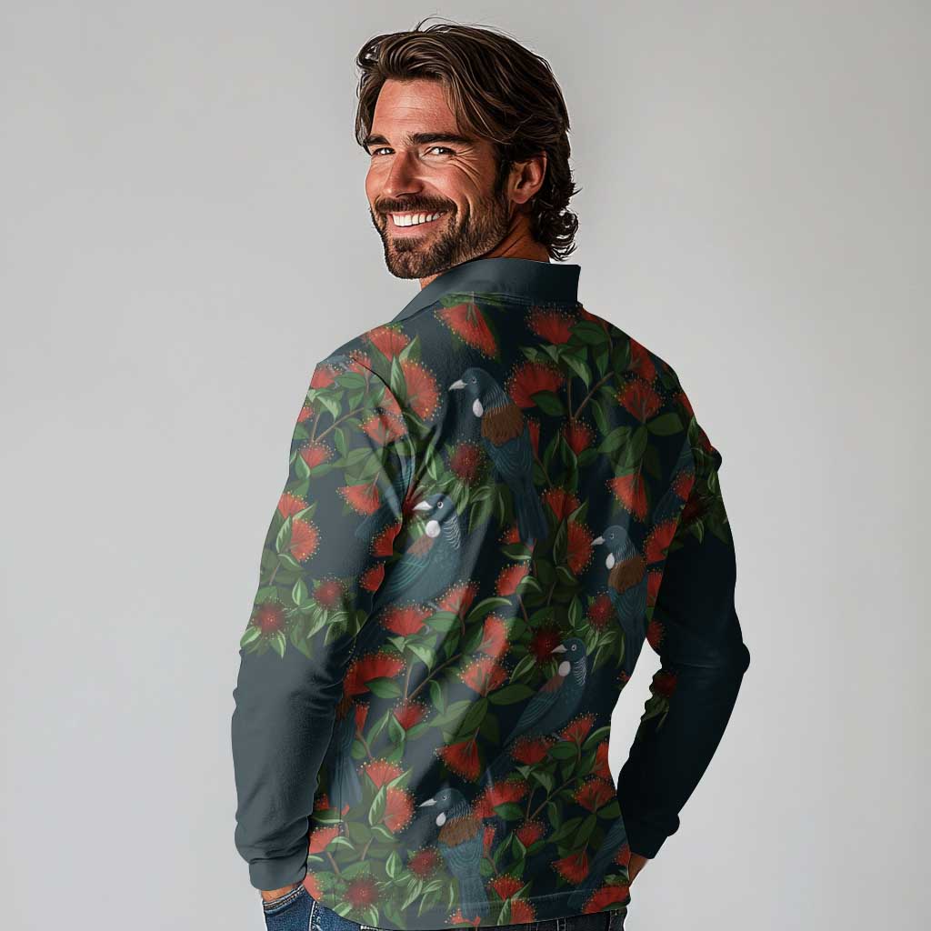 New Zealand Christmas Long Sleeve Polo Shirt Romantic Tui Birds on Pohutukawa - Cobalt - Polynesian Pride