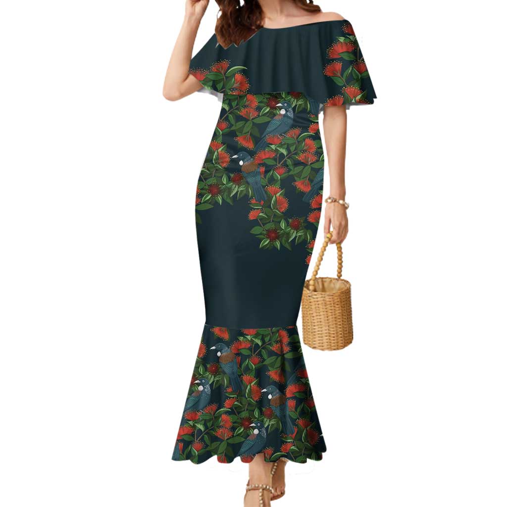 New Zealand Christmas Mermaid Dress Romantic Tui Birds on Pohutukawa - Cobalt - Polynesian Pride