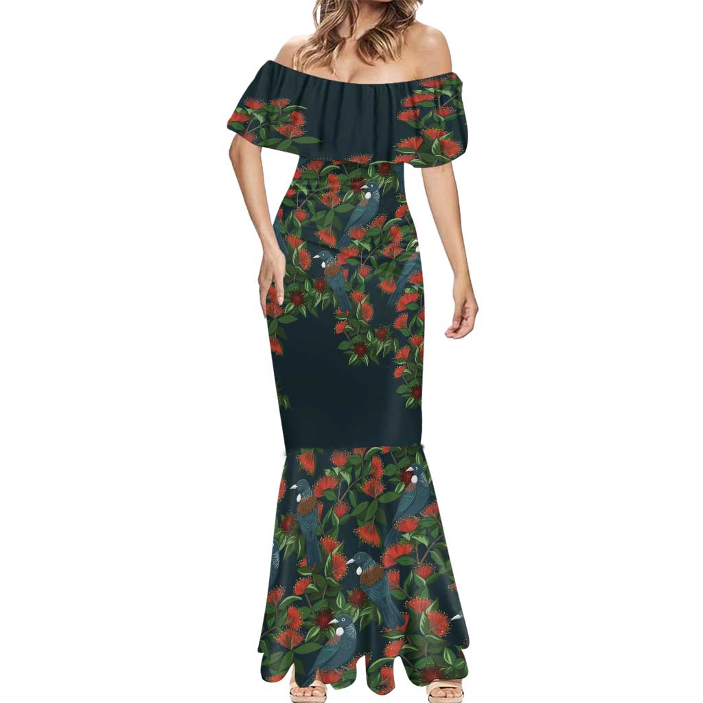 New Zealand Christmas Mermaid Dress Romantic Tui Birds on Pohutukawa - Cobalt - Polynesian Pride