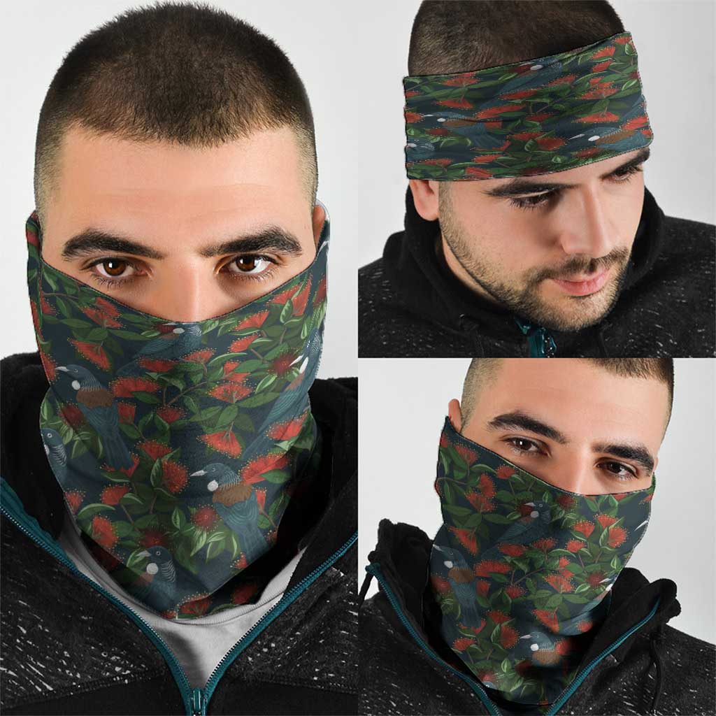 New Zealand Christmas Neck Gaiter Romantic Tui Birds on Pohutukawa - Cobalt - Polynesian Pride