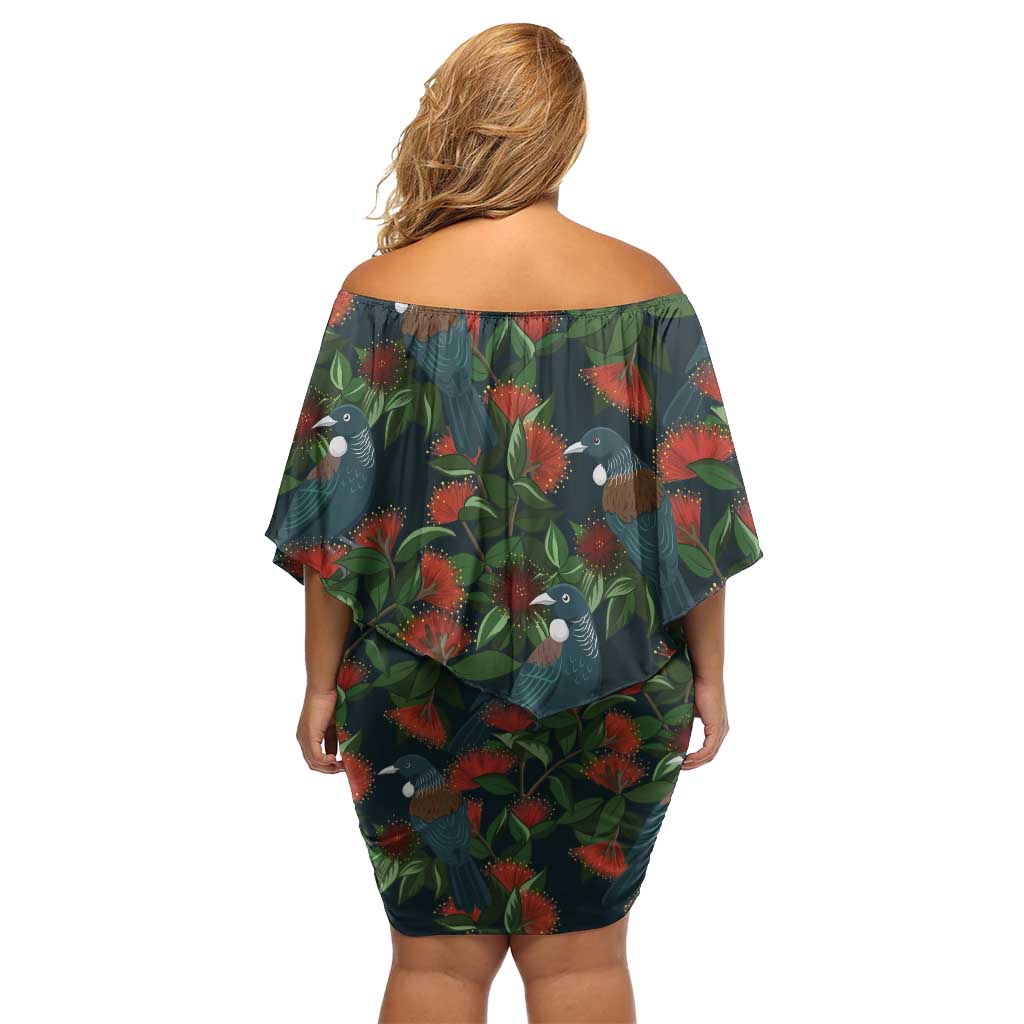 New Zealand Christmas Off Shoulder Short Dress Romantic Tui Birds on Pohutukawa - Cobalt - Polynesian Pride
