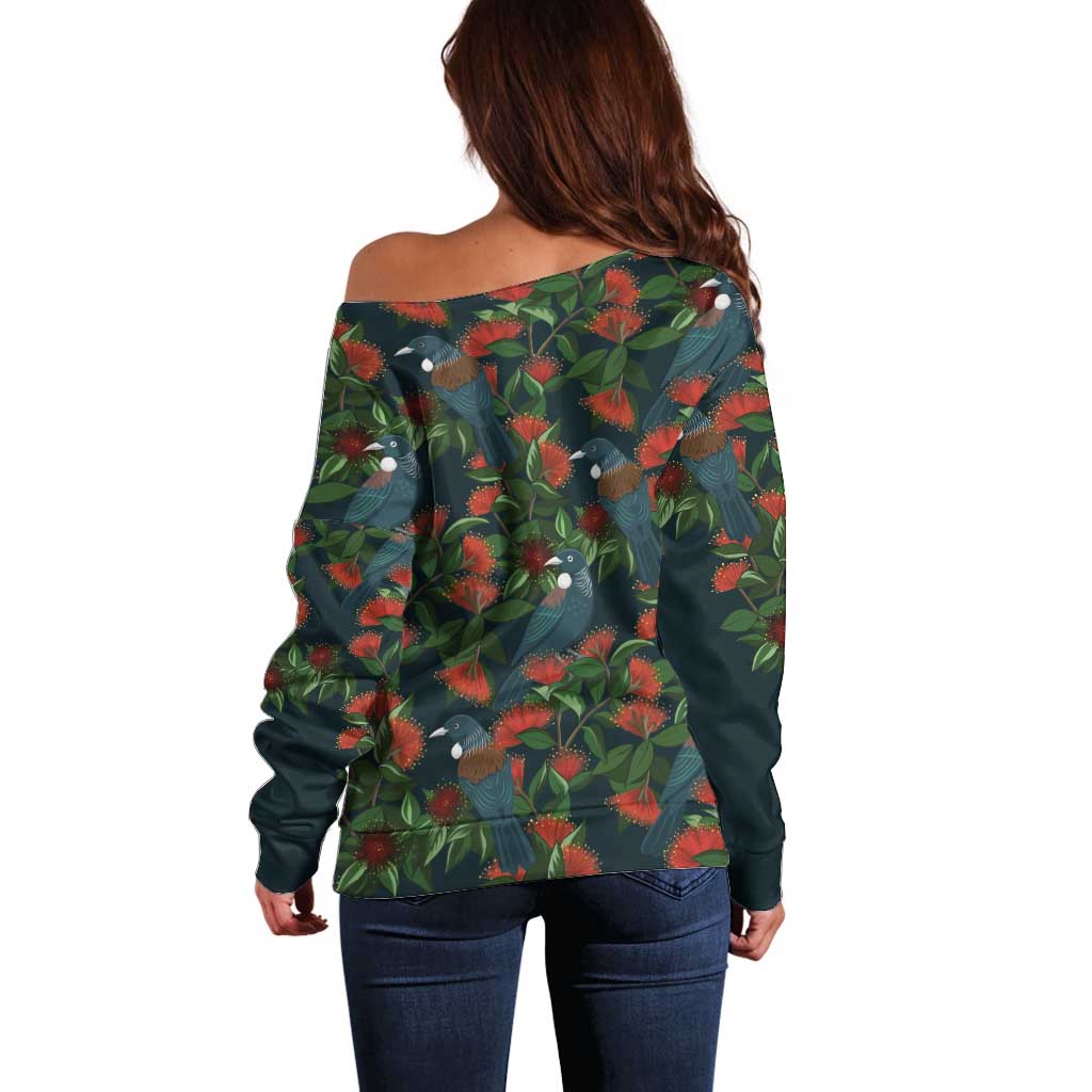 New Zealand Christmas Off Shoulder Sweater Romantic Tui Birds on Pohutukawa - Cobalt - Polynesian Pride