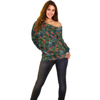 New Zealand Christmas Off Shoulder Sweater Romantic Tui Birds on Pohutukawa - Cobalt - Polynesian Pride
