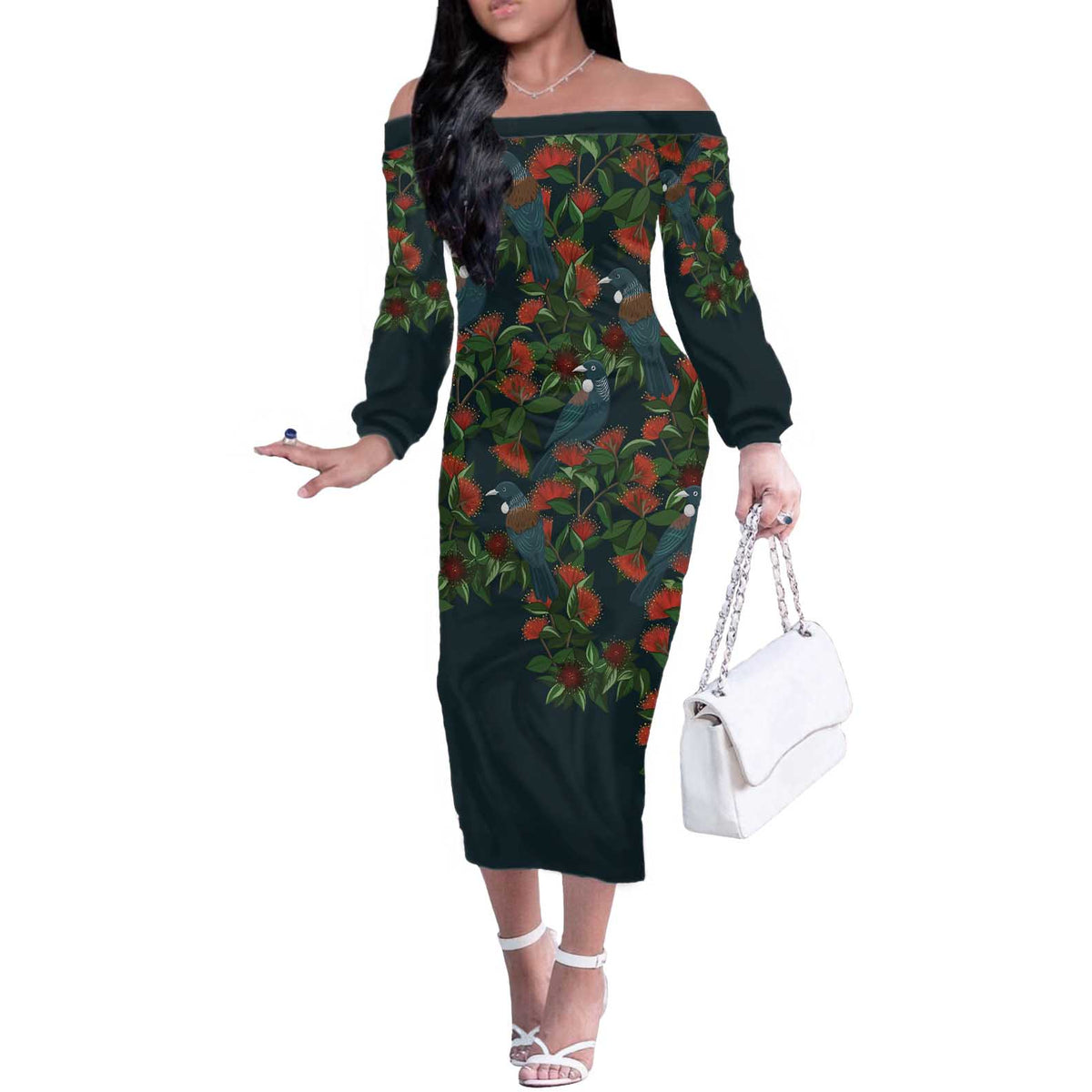 New Zealand Christmas Off The Shoulder Long Sleeve Dress Romantic Tui Birds on Pohutukawa - Cobalt LT7 Women Cobalt - Polynesian Pride