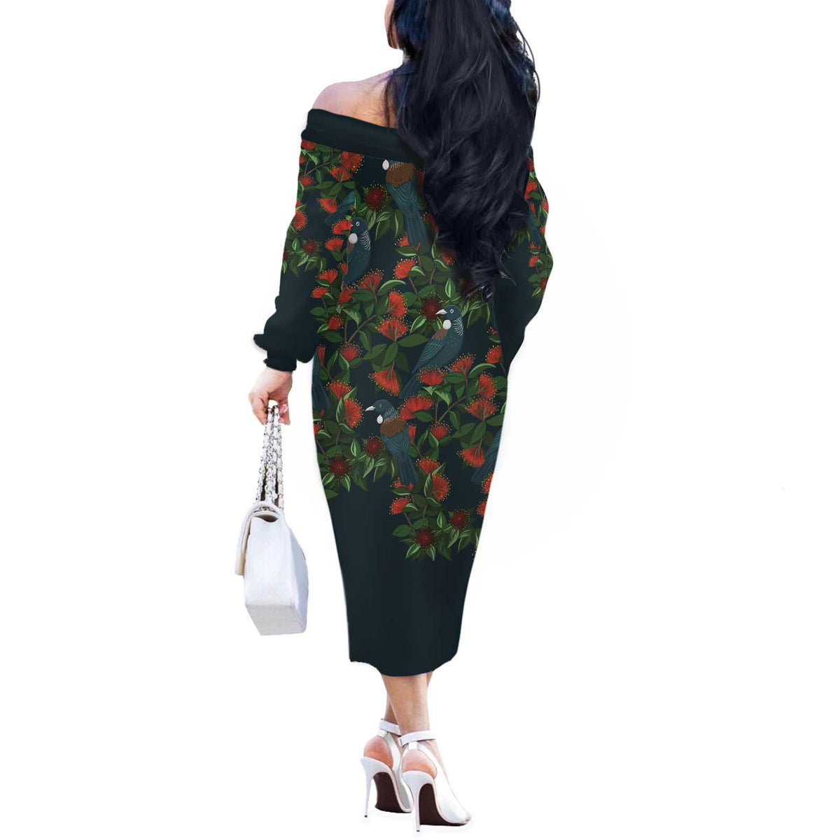 New Zealand Christmas Off The Shoulder Long Sleeve Dress Romantic Tui Birds on Pohutukawa - Cobalt LT7 - Polynesian Pride