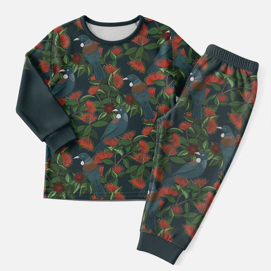 New Zealand Christmas Pajama Set Romantic Tui Birds on Pohutukawa - Cobalt - Polynesian Pride