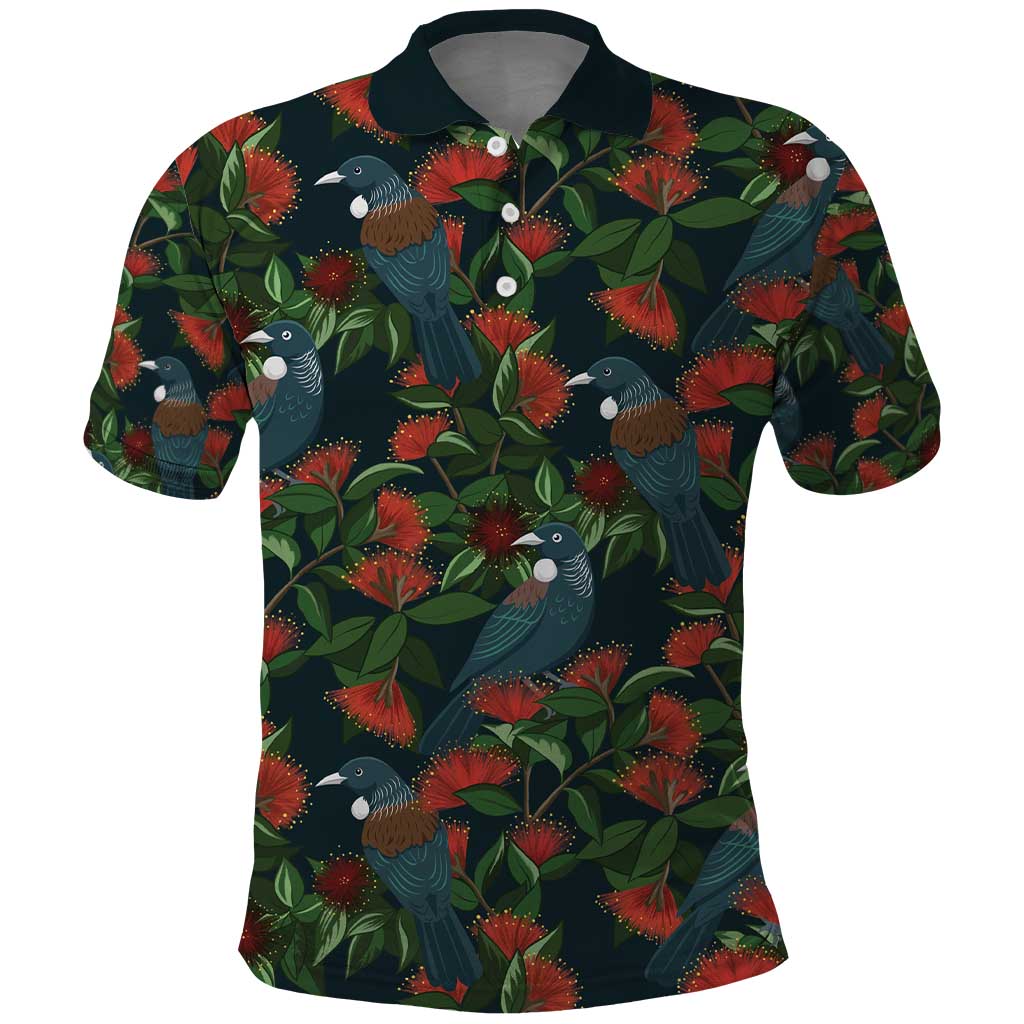 New Zealand Christmas Polo Shirt Romantic Tui Birds on Pohutukawa - Cobalt - Polynesian Pride