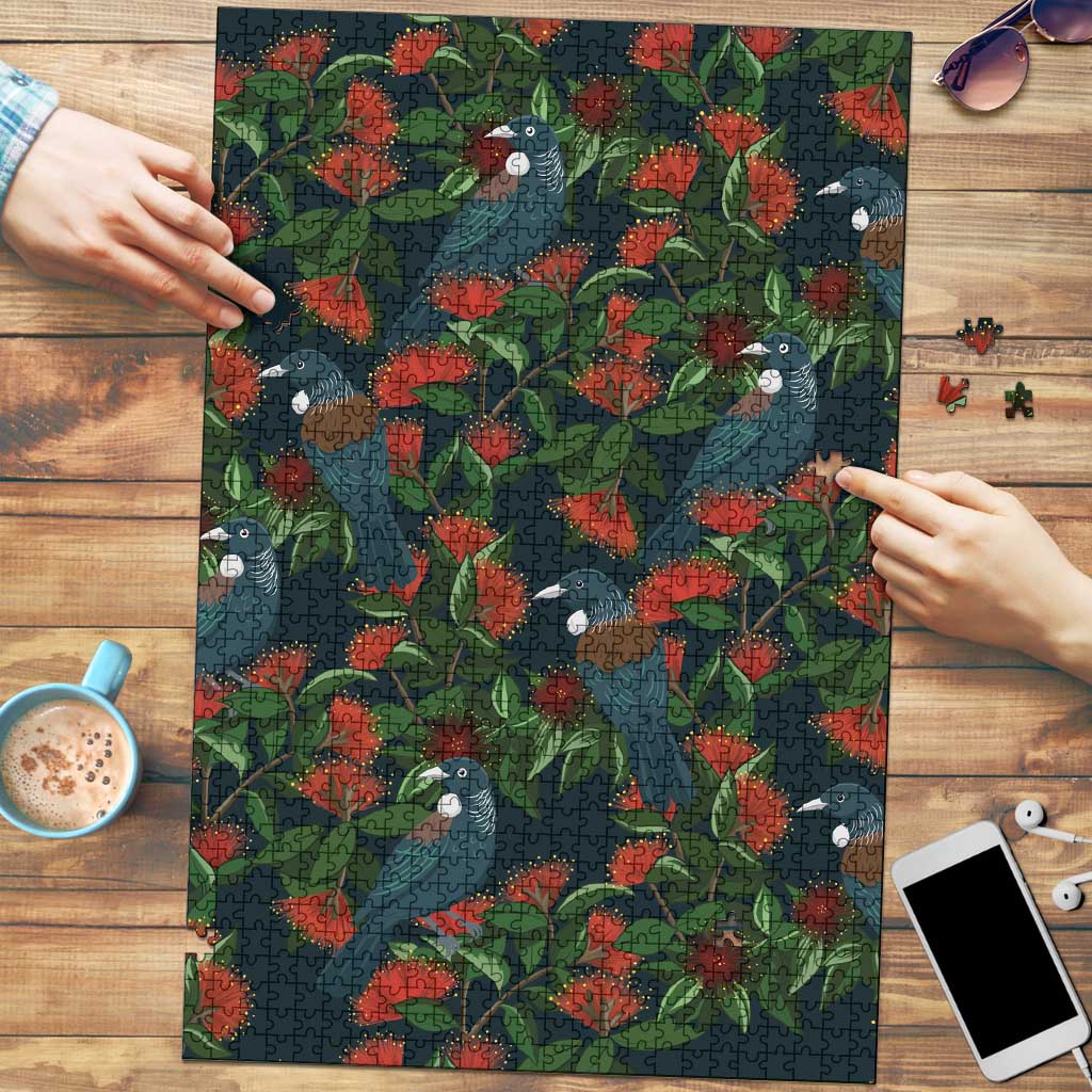 New Zealand Christmas Puzzle Romantic Tui Birds on Pohutukawa - Cobalt - Polynesian Pride