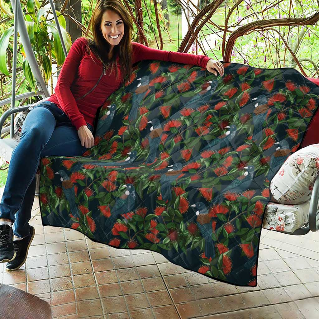 New Zealand Christmas Quilt Romantic Tui Birds on Pohutukawa - Cobalt - Polynesian Pride