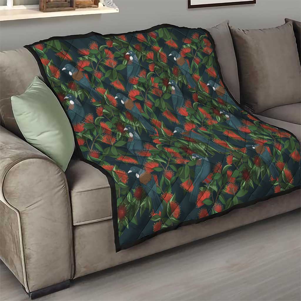 New Zealand Christmas Quilt Romantic Tui Birds on Pohutukawa - Cobalt - Polynesian Pride