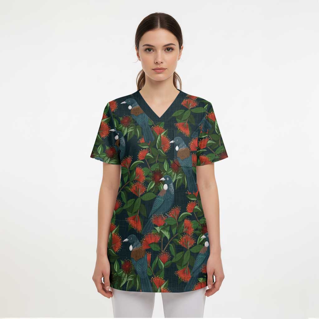 New Zealand Christmas Scrub Top Romantic Tui Birds on Pohutukawa - Cobalt - Polynesian Pride