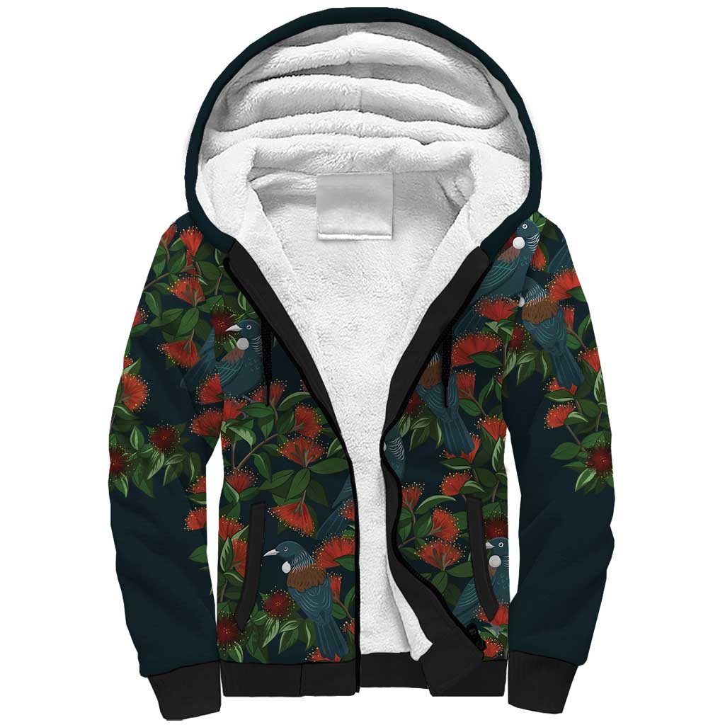 New Zealand Christmas Sherpa Hoodie Romantic Tui Birds on Pohutukawa - Cobalt - Polynesian Pride