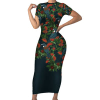New Zealand Christmas Short Sleeve Bodycon Dress Romantic Tui Birds on Pohutukawa - Cobalt LT7 Long Dress Cobalt - Polynesian Pride