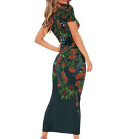 New Zealand Christmas Short Sleeve Bodycon Dress Romantic Tui Birds on Pohutukawa - Cobalt LT7 - Polynesian Pride