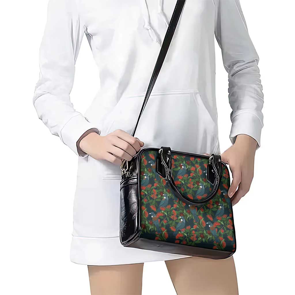 New Zealand Christmas Shoulder Handbag Romantic Tui Birds on Pohutukawa - Cobalt - Polynesian Pride