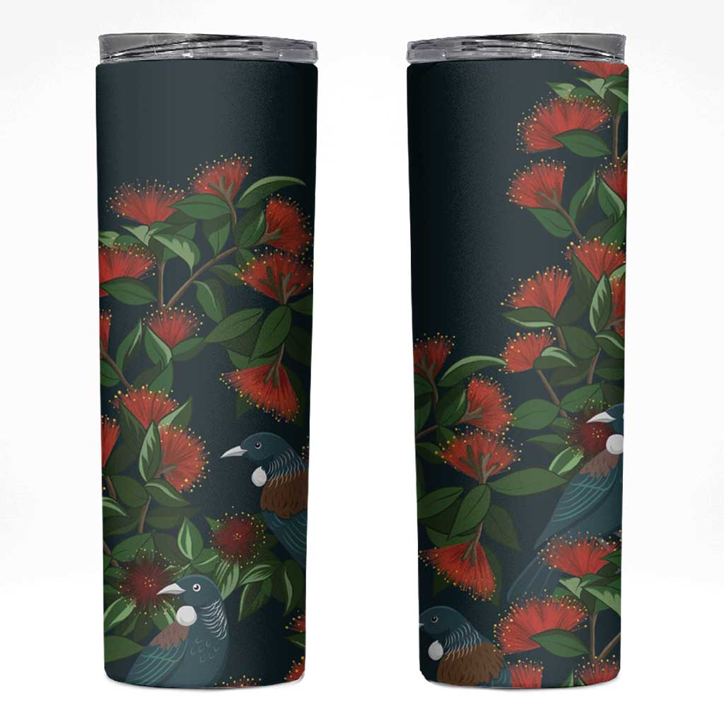 New Zealand Christmas Skinny Tumbler Romantic Tui Birds on Pohutukawa - Cobalt LT7 Cobalt - Polynesian Pride