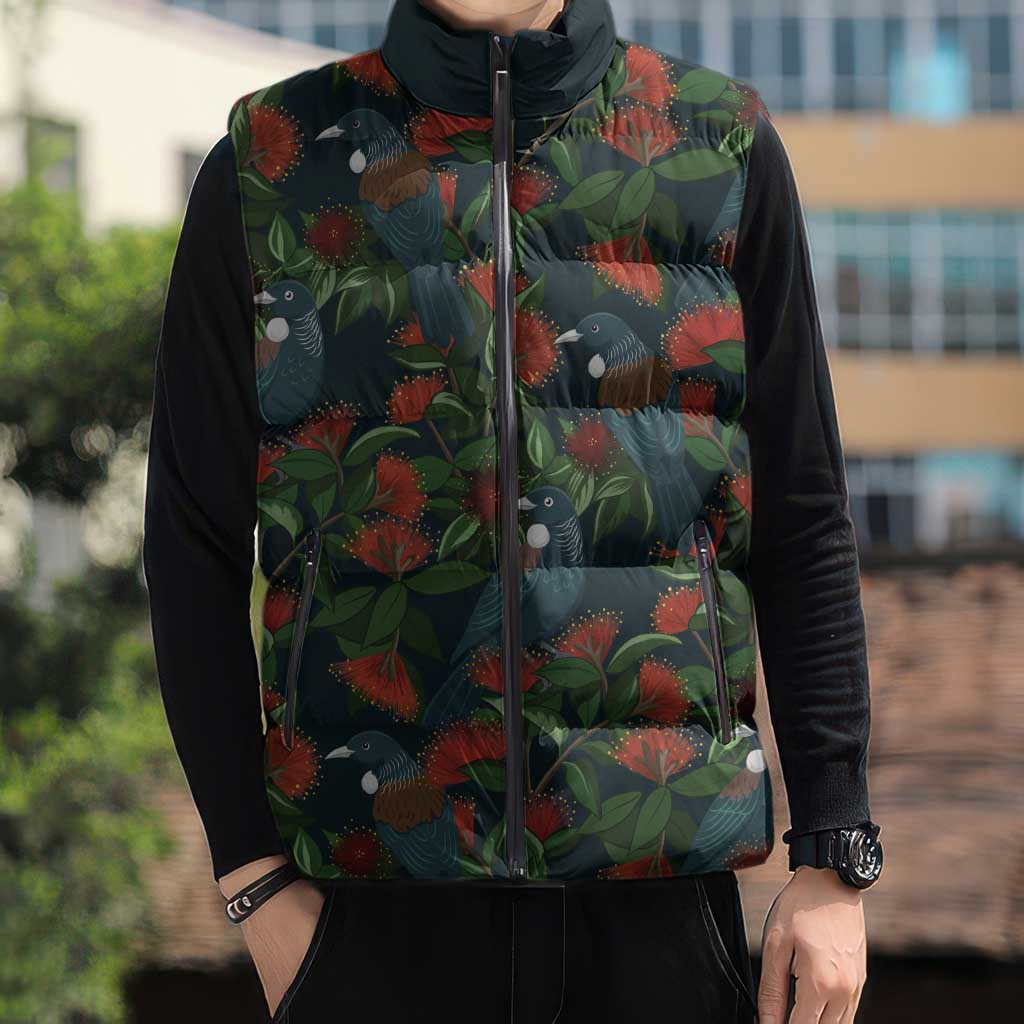 New Zealand Christmas Sleeveless Puffer Jacket Romantic Tui Birds on Pohutukawa - Cobalt - Polynesian Pride