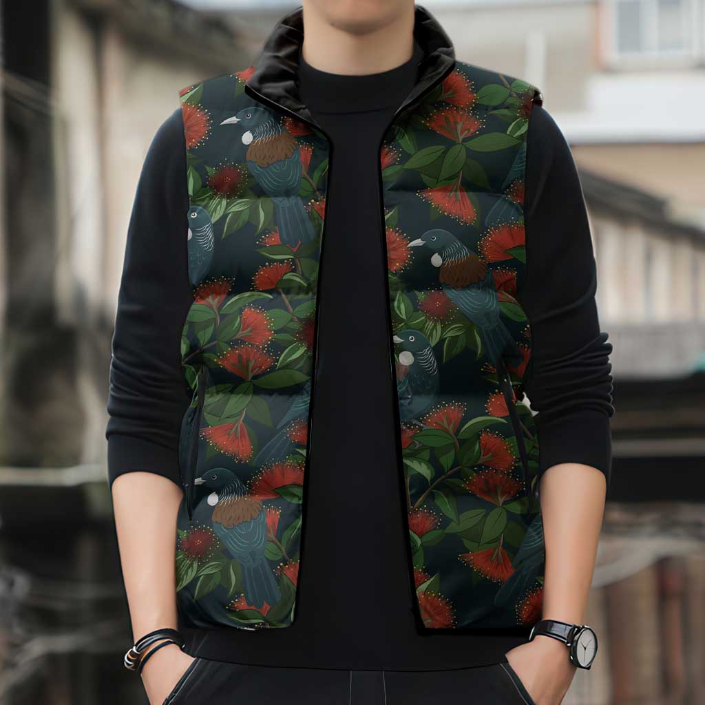 New Zealand Christmas Sleeveless Puffer Jacket Romantic Tui Birds on Pohutukawa - Cobalt - Polynesian Pride