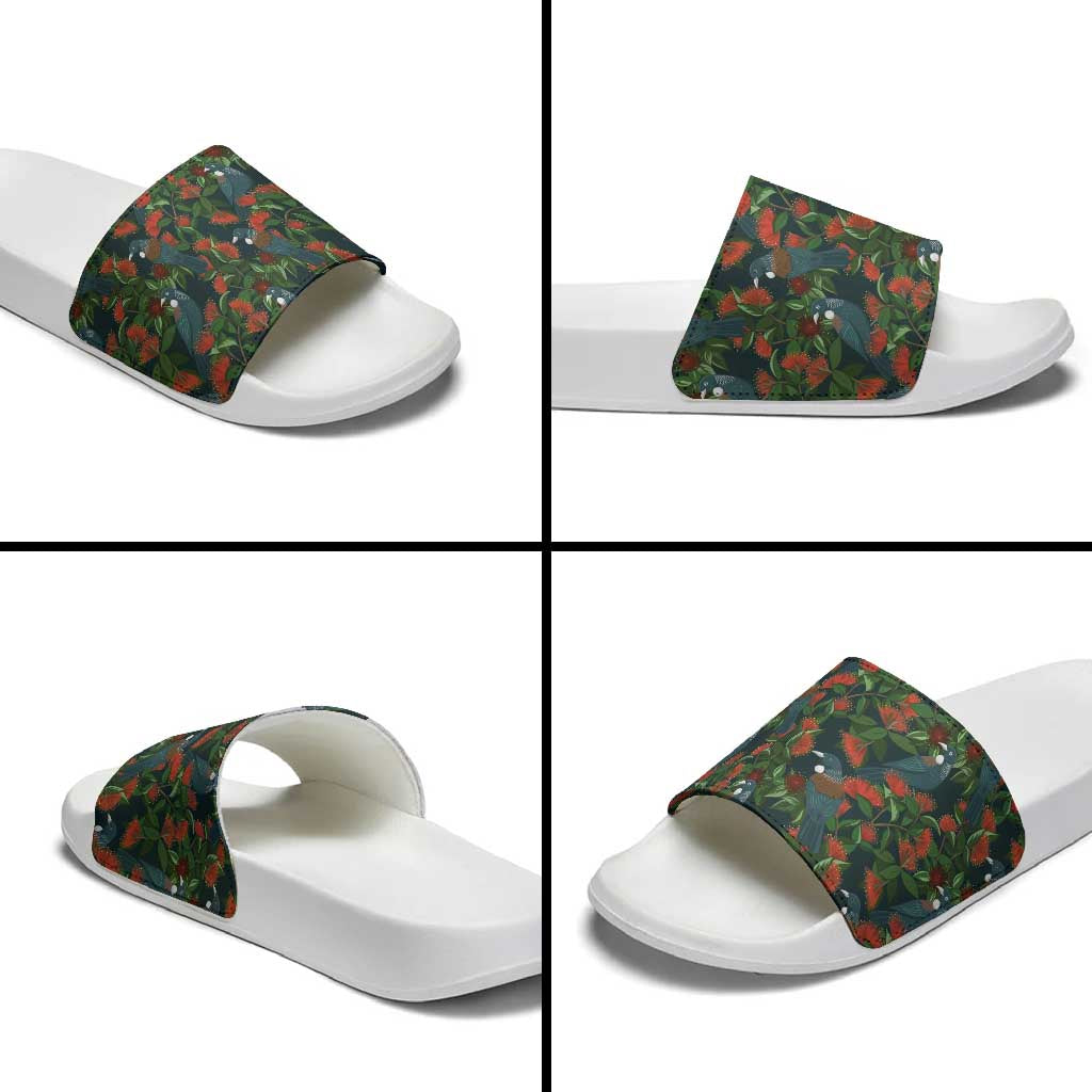New Zealand Christmas Slide Sandals Romantic Tui Birds on Pohutukawa - Cobalt - Polynesian Pride