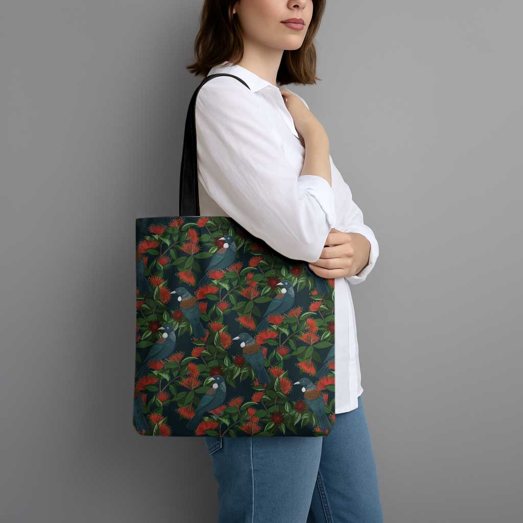 New Zealand Christmas Tote Bag Romantic Tui Birds on Pohutukawa - Cobalt - Polynesian Pride