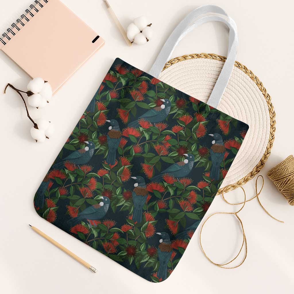 New Zealand Christmas Tote Bag Romantic Tui Birds on Pohutukawa - Cobalt - Polynesian Pride