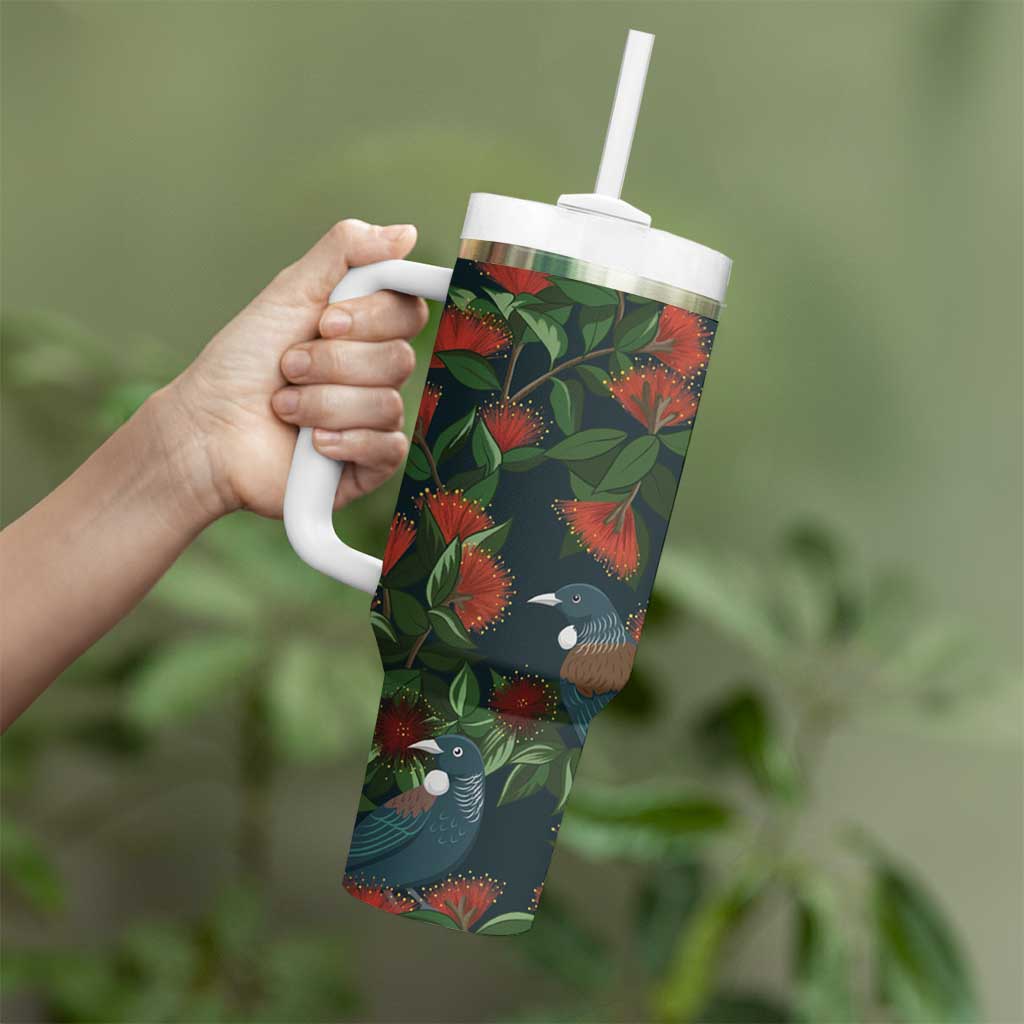 New Zealand Christmas Tumbler With Handle Romantic Tui Birds on Pohutukawa - Cobalt - Polynesian Pride