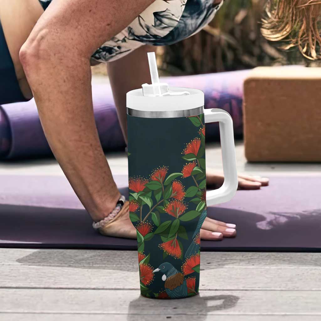 New Zealand Christmas Tumbler With Handle Romantic Tui Birds on Pohutukawa - Cobalt - Polynesian Pride