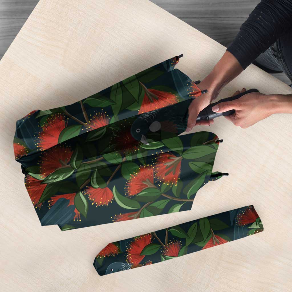 New Zealand Christmas Umbrella Romantic Tui Birds on Pohutukawa - Cobalt - Polynesian Pride