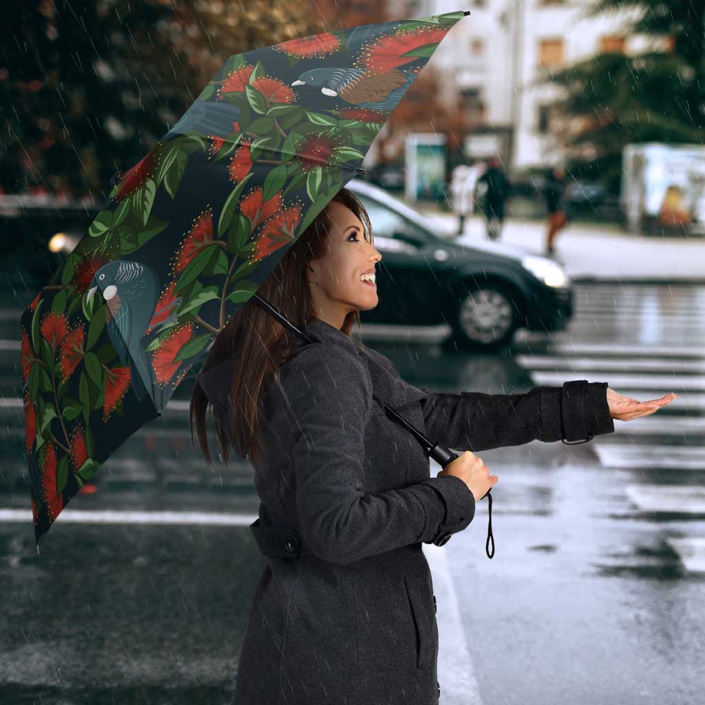 New Zealand Christmas Umbrella Romantic Tui Birds on Pohutukawa - Cobalt - Polynesian Pride