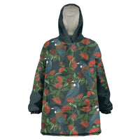 New Zealand Christmas Wearable Blanket Hoodie Romantic Tui Birds on Pohutukawa - Cobalt LT7 One Size Cobalt - Polynesian Pride