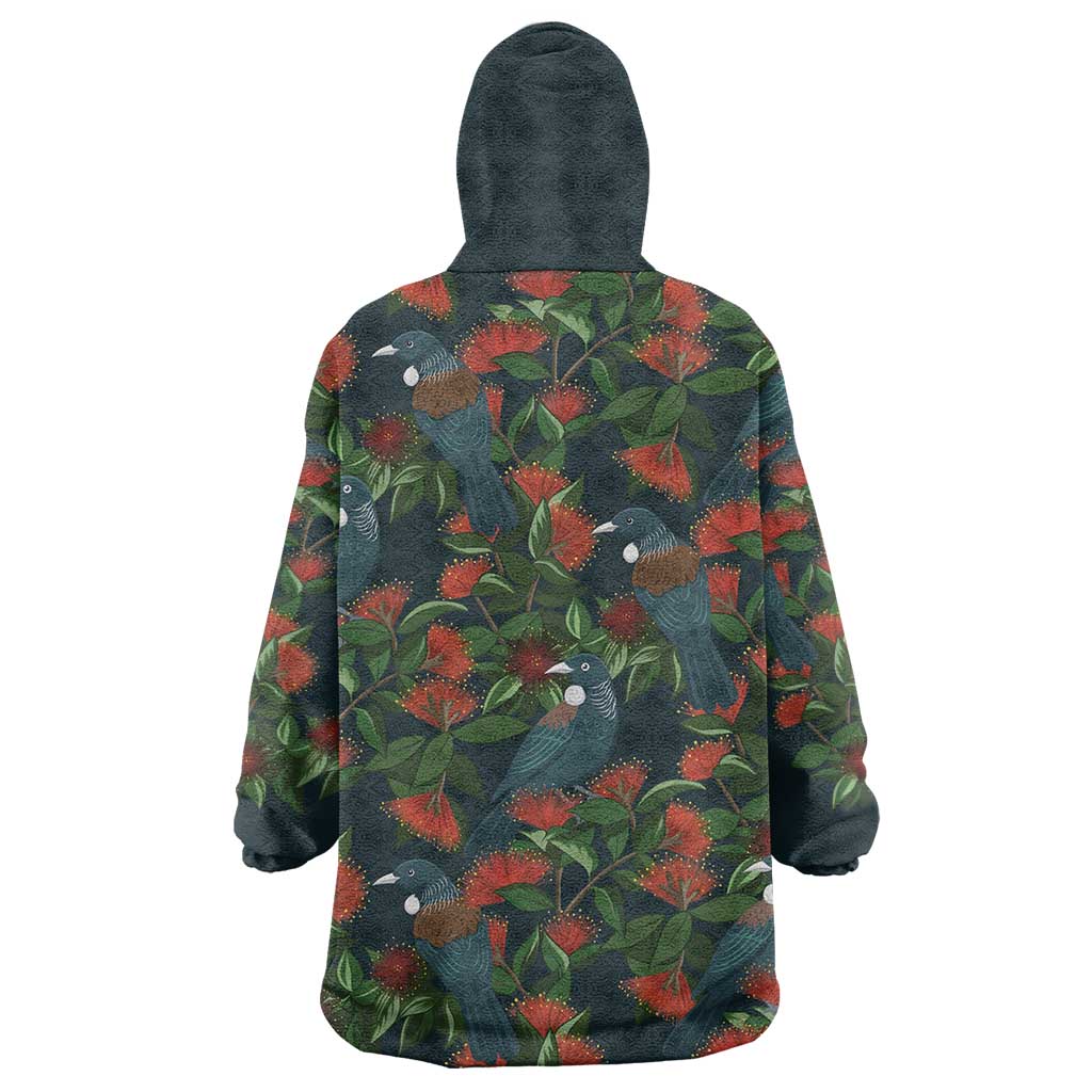 New Zealand Christmas Wearable Blanket Hoodie Romantic Tui Birds on Pohutukawa - Cobalt LT7 - Polynesian Pride