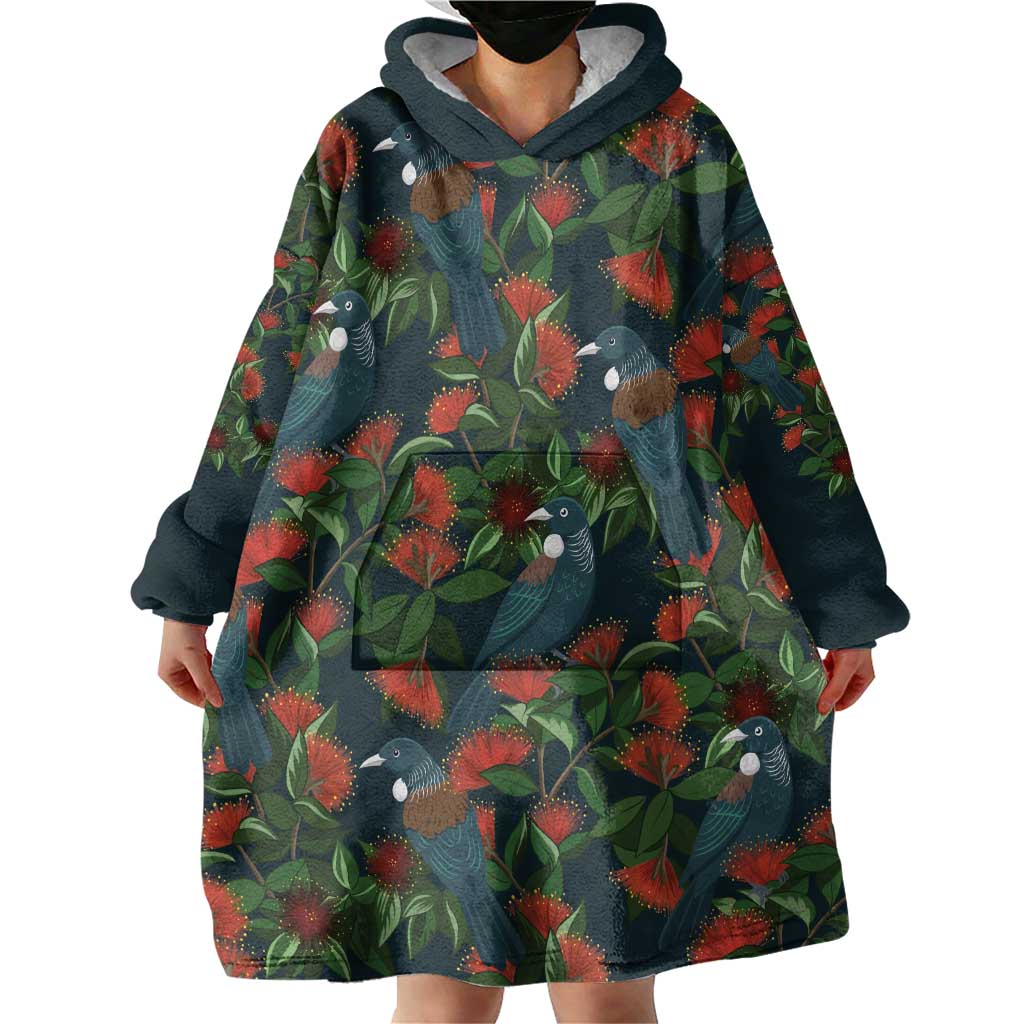 New Zealand Christmas Wearable Blanket Hoodie Romantic Tui Birds on Pohutukawa - Cobalt LT7 - Polynesian Pride