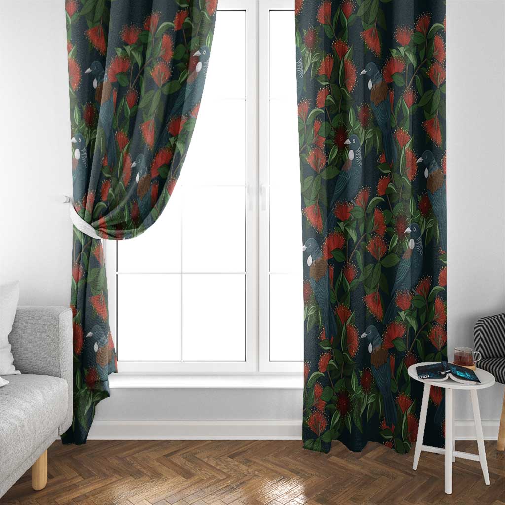 New Zealand Christmas Window Curtain Romantic Tui Birds on Pohutukawa - Cobalt - Polynesian Pride