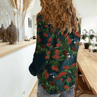 New Zealand Christmas Women Casual Shirt Romantic Tui Birds on Pohutukawa - Cobalt LT7 - Polynesian Pride