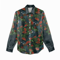 New Zealand Christmas Women Casual Shirt Romantic Tui Birds on Pohutukawa - Cobalt LT7 - Polynesian Pride