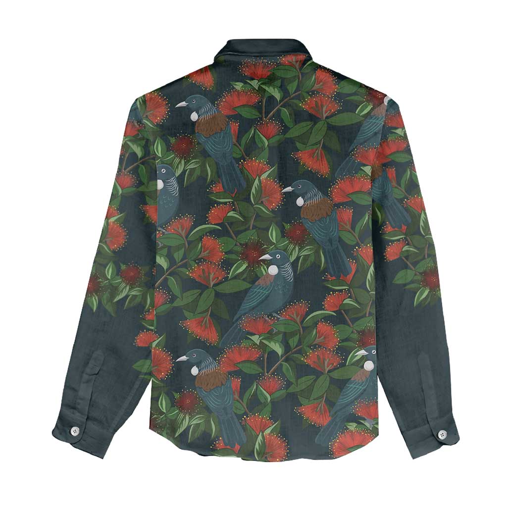 New Zealand Christmas Women Casual Shirt Romantic Tui Birds on Pohutukawa - Cobalt LT7 - Polynesian Pride