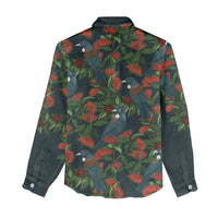 New Zealand Christmas Women Casual Shirt Romantic Tui Birds on Pohutukawa - Cobalt LT7 - Polynesian Pride