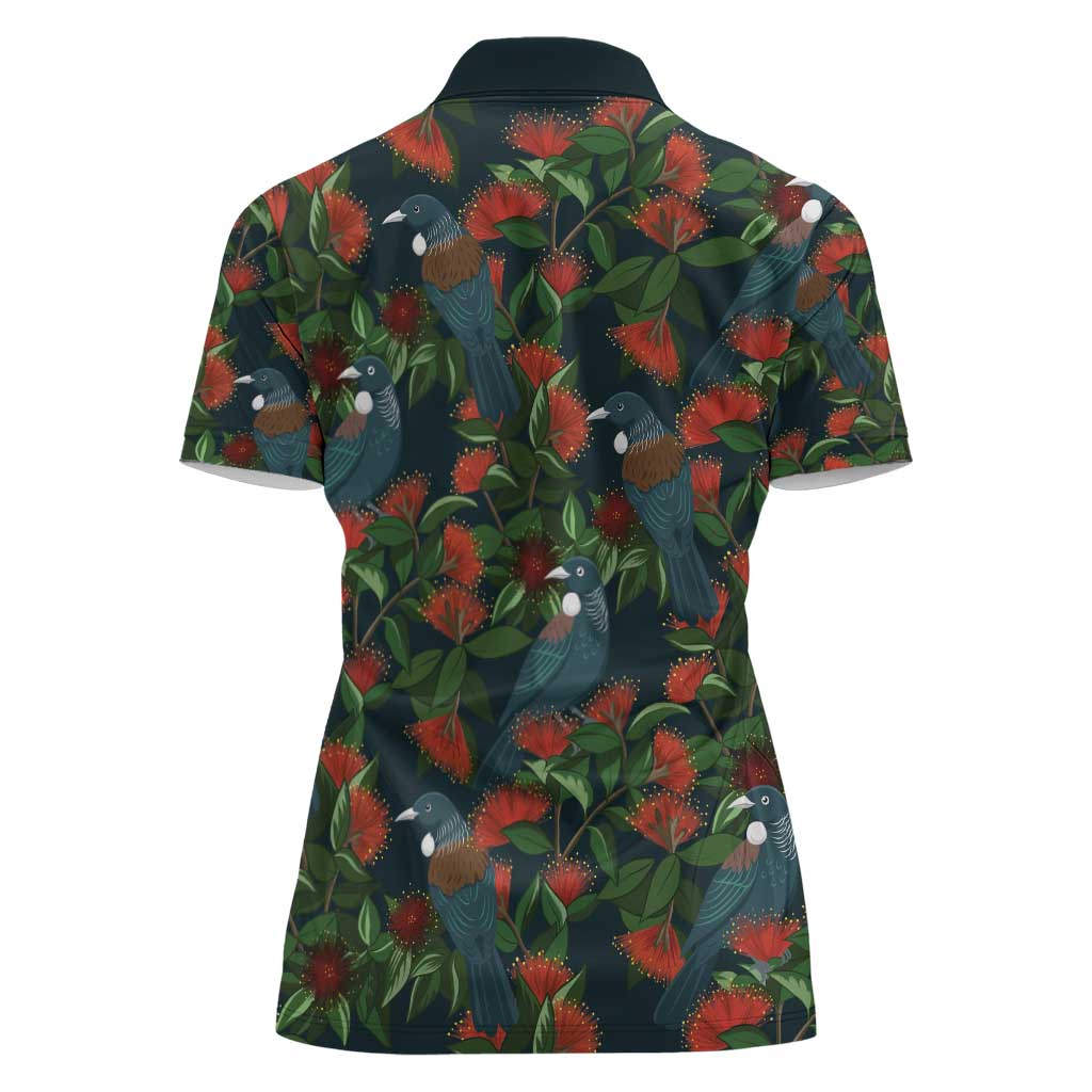New Zealand Christmas Women Polo Shirt Romantic Tui Birds on Pohutukawa - Cobalt LT7 - Polynesian Pride