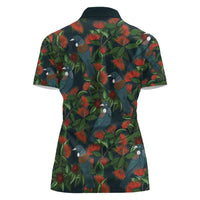 New Zealand Christmas Women Polo Shirt Romantic Tui Birds on Pohutukawa - Cobalt LT7 - Polynesian Pride