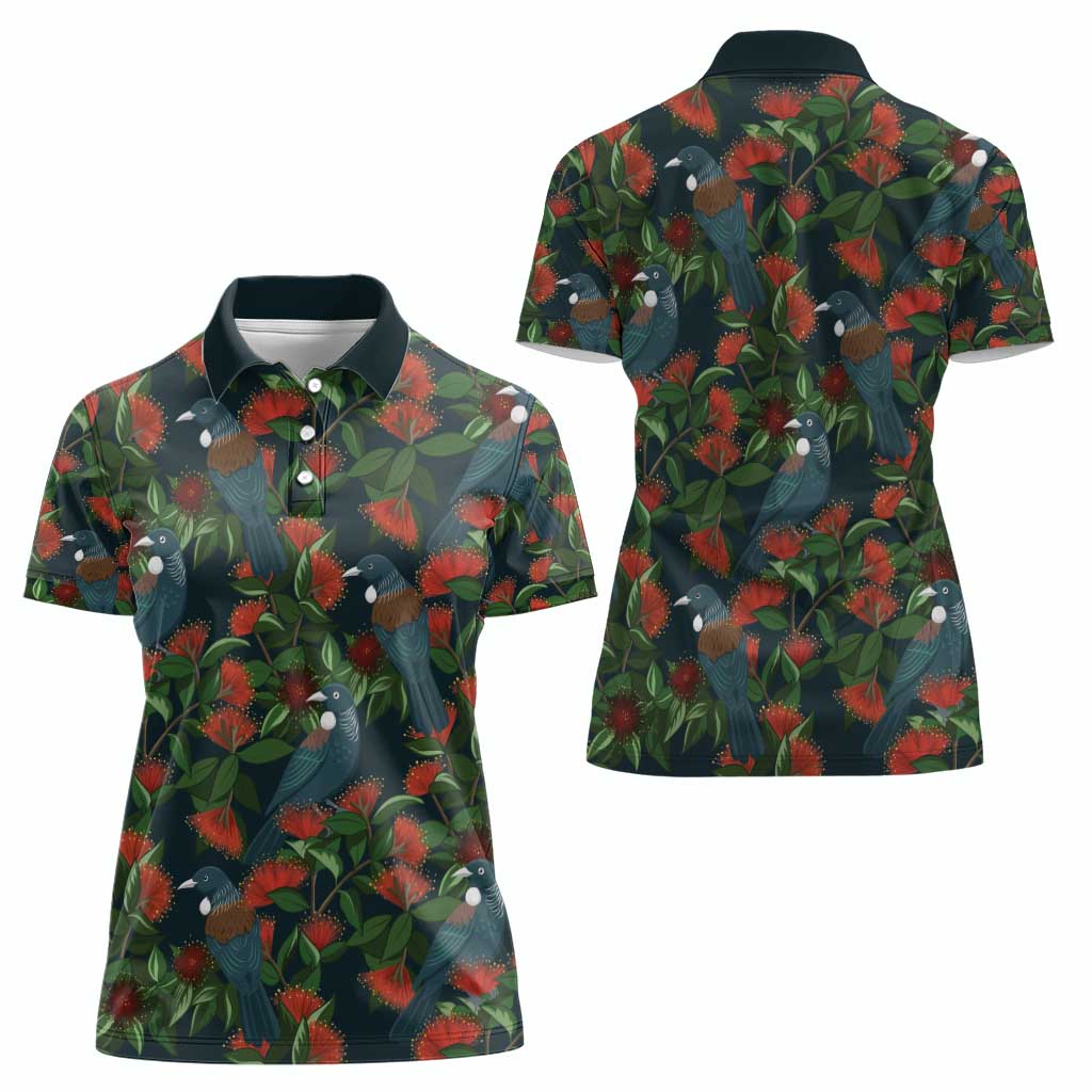 New Zealand Christmas Women Polo Shirt Romantic Tui Birds on Pohutukawa - Cobalt LT7 - Polynesian Pride