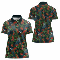 New Zealand Christmas Women Polo Shirt Romantic Tui Birds on Pohutukawa - Cobalt LT7 - Polynesian Pride