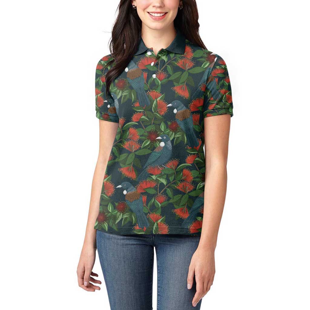 New Zealand Christmas Women Polo Shirt Romantic Tui Birds on Pohutukawa - Cobalt LT7 - Polynesian Pride