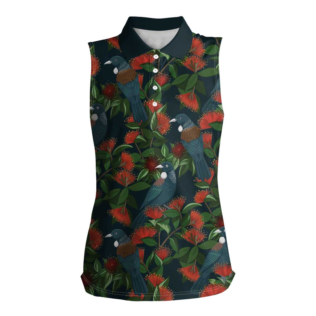 New Zealand Christmas Women Sleeveless Polo Shirt Romantic Tui Birds on Pohutukawa - Cobalt LT7 Female Cobalt - Polynesian Pride