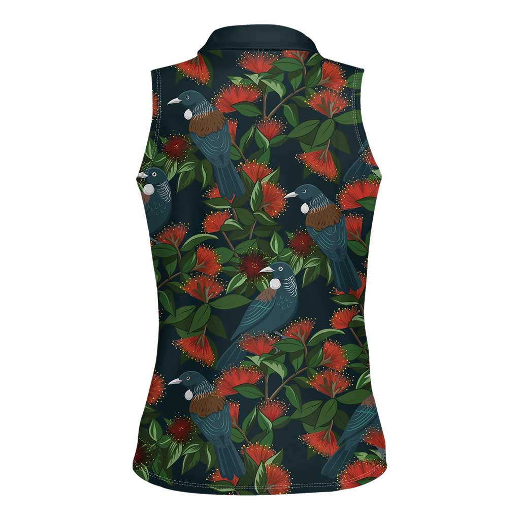 New Zealand Christmas Women Sleeveless Polo Shirt Romantic Tui Birds on Pohutukawa - Cobalt LT7 - Polynesian Pride