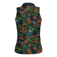 New Zealand Christmas Women Sleeveless Polo Shirt Romantic Tui Birds on Pohutukawa - Cobalt LT7 - Polynesian Pride