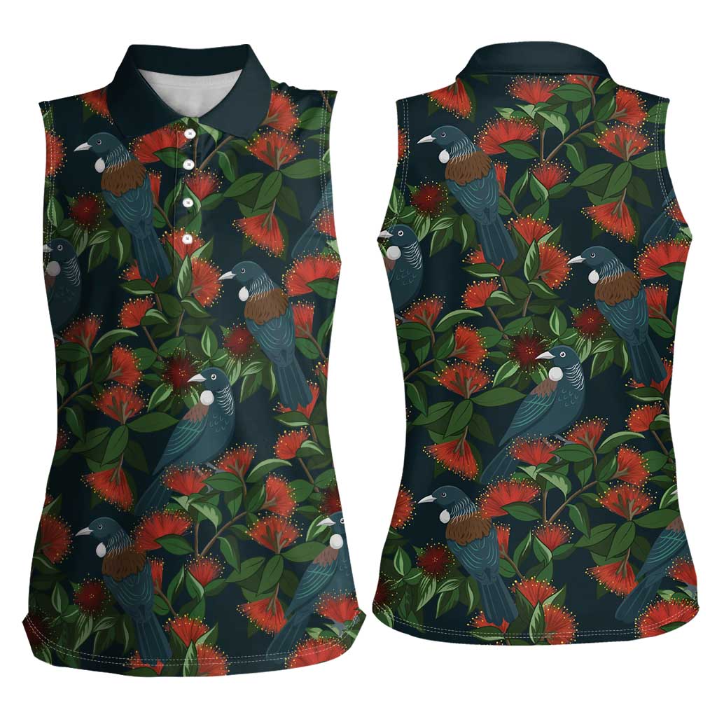 New Zealand Christmas Women Sleeveless Polo Shirt Romantic Tui Birds on Pohutukawa - Cobalt LT7 - Polynesian Pride