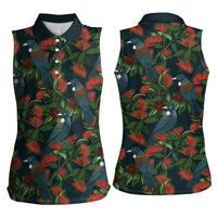 New Zealand Christmas Women Sleeveless Polo Shirt Romantic Tui Birds on Pohutukawa - Cobalt LT7 - Polynesian Pride