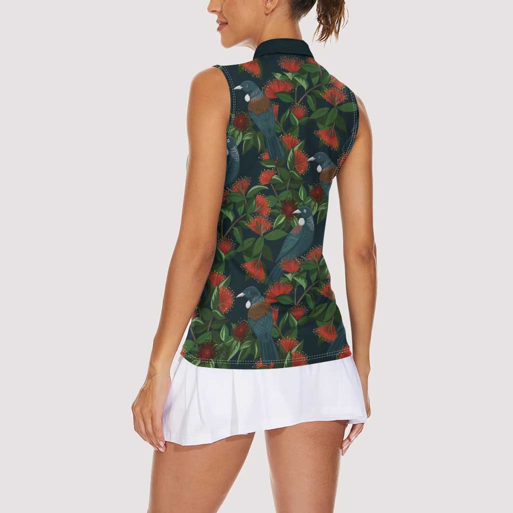 New Zealand Christmas Women Sleeveless Polo Shirt Romantic Tui Birds on Pohutukawa - Cobalt LT7 - Polynesian Pride