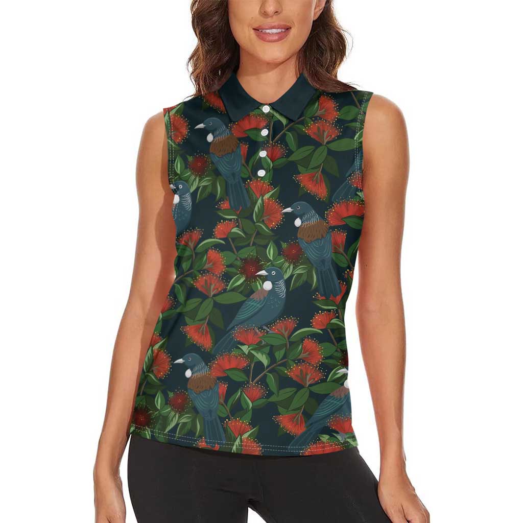 New Zealand Christmas Women Sleeveless Polo Shirt Romantic Tui Birds on Pohutukawa - Cobalt LT7 - Polynesian Pride